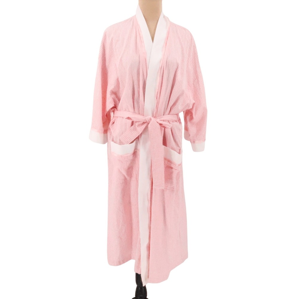 Say lu Gingham Robe Vintage90s Womens Size M Pink White Cotton Seersucker Sleep